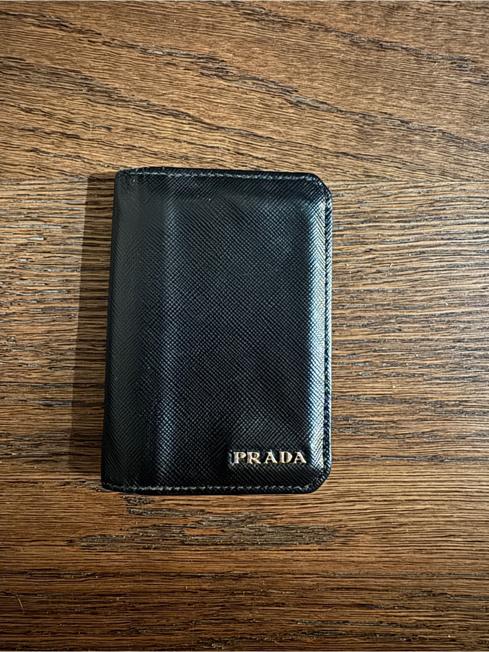 Prada Black Saffiano Leather Zip Card & Key Holder with Gold Logo